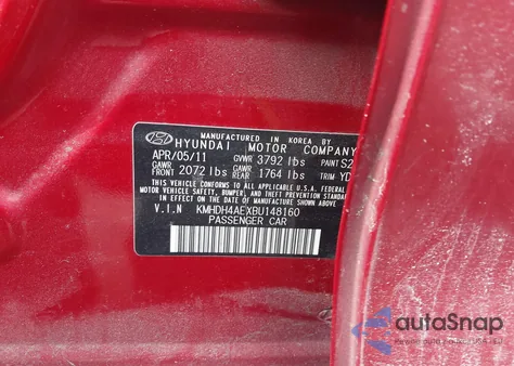 2011 Hyundai Elantra Gls (Ulsan Plant) z USA, uszkodzony, nr VIN KMHDH4AEXBU148160